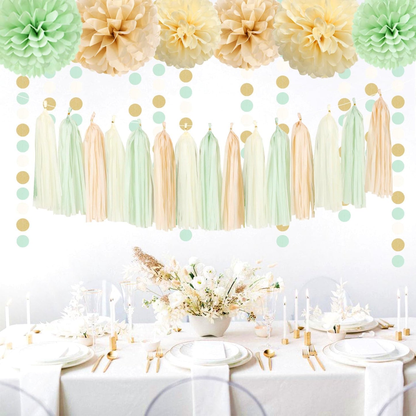 Sage-Green Gold-Champagne Party Decorations - 23pcs Neutral Birthday Baby Shower Tissue Pom Poms Streamers, Boho Wedding Bachelorette Engagement Tassel Garland Banner,Bridal Decor Suppilies Ouruola