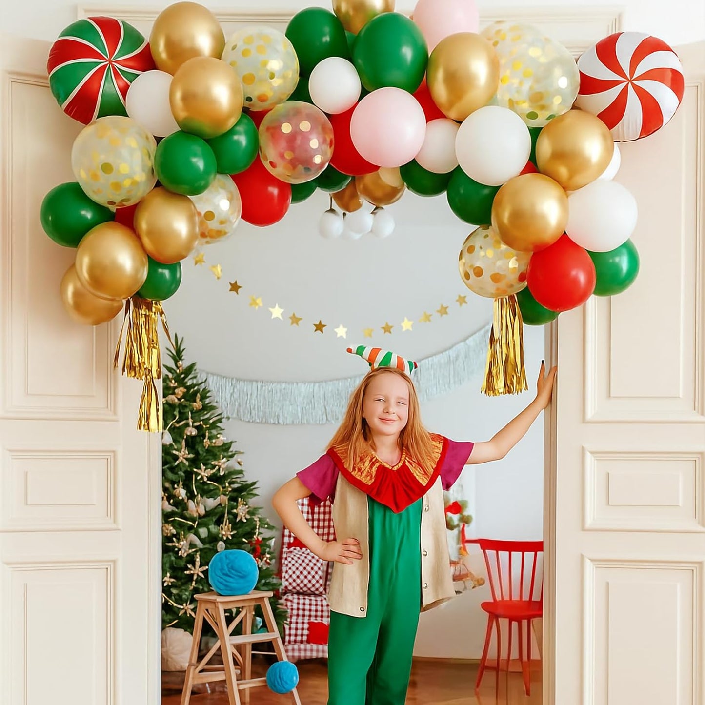 Christmas Red Green Gold Balloons Set, 60Pcs 12 Inch Red Green White Metallic Gold Confetti Latex Balloon Kit for Christmas Grinch Birthday Party Decorations