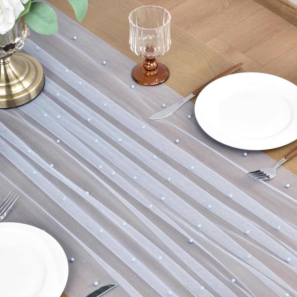 Joanlody Fall Pearl Table Runner 10ft Rustic Boho Tulle Table Runner with Pearls for Baby Shower Wedding Party Veil Dessert Thanksgiving Table Decor Blue