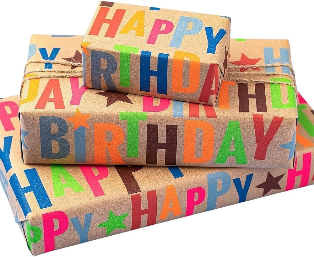LaRibbons Birthday Wrapping Paper Roll for Kids, 17 Inch x 16.5 Feet Kraft Gift Wrap Paper with Colorful Text Happy Birthday Pattern for Boys Holiday Party