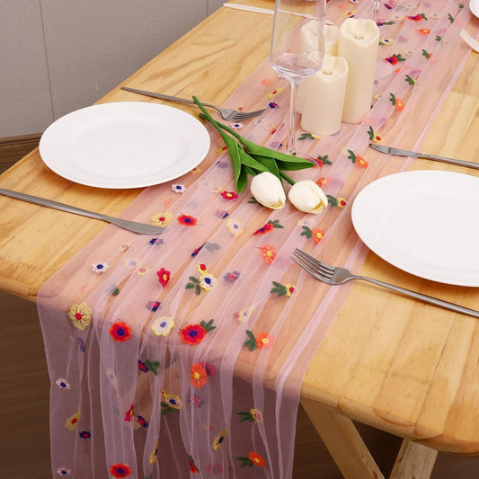 Pink Floral Table Runner 10 FT, Embroidery Daisy Table Runners Seasonal Sheer Tulle Table Runner for Thanksgiving Wedding Birthday Baby Shower Party ﻿