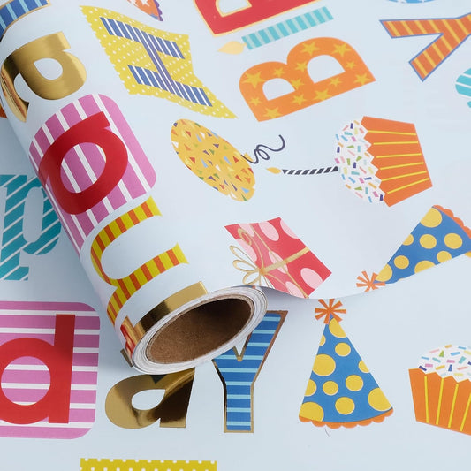 Aimyoo Blue Birthday Wrapping Paper Roll - 17 Inch X 16.4 Feet - Gold Foil Happy Birthday Lettering & Balloon Design Gift Wrap for Kids, Baby Showers