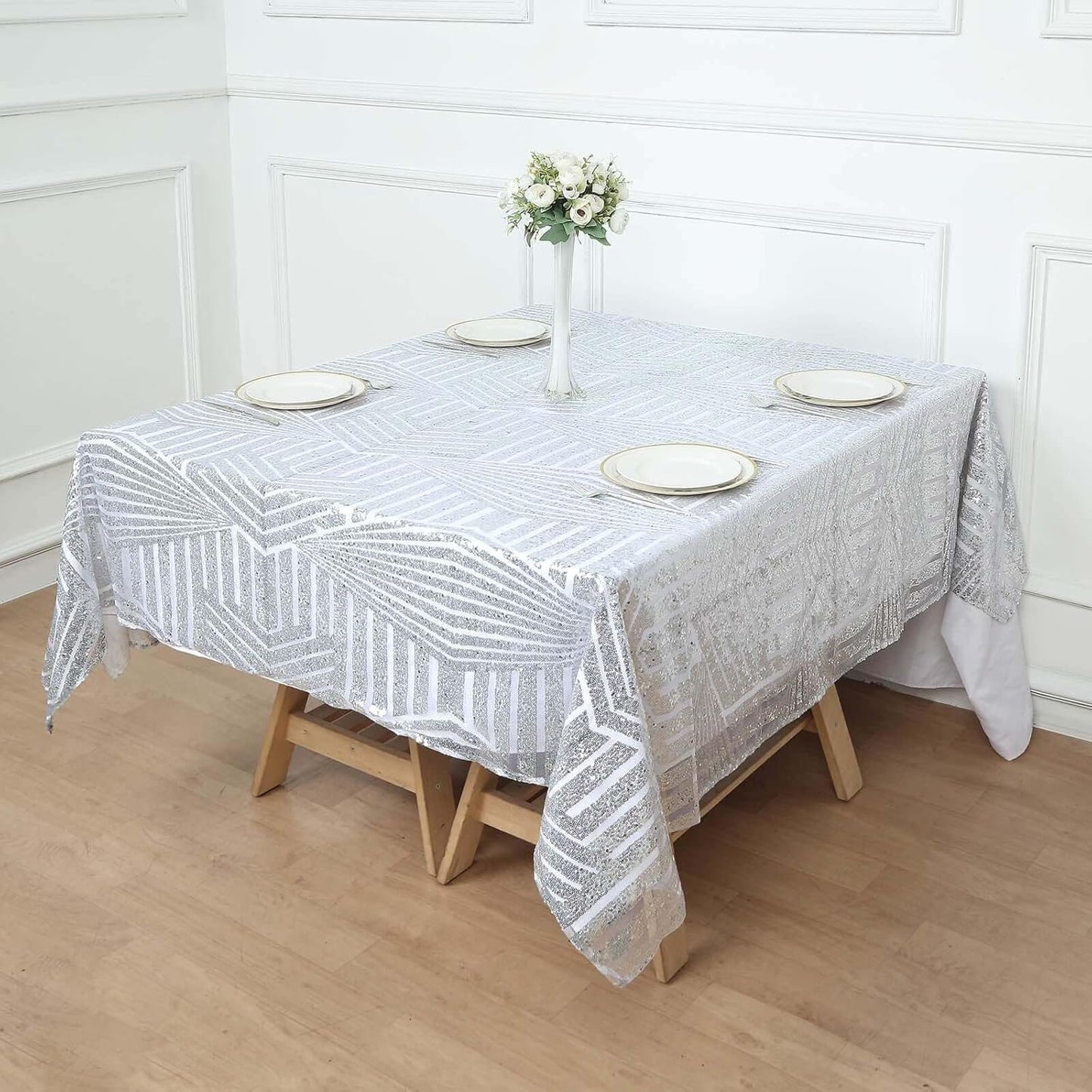 Efavormart 72" Silver Sparkly Sequin Geometric Tulle Square Table Overlay