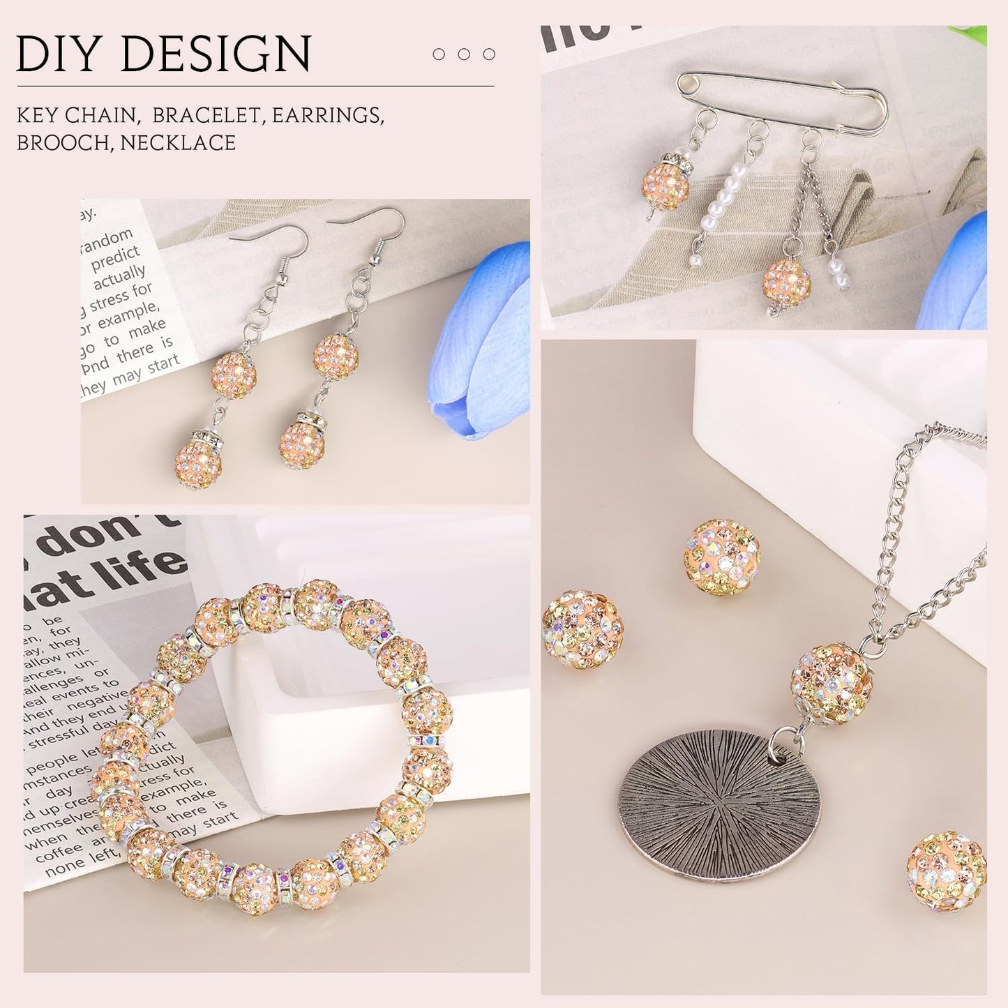 150pcs 10mm Rhinestone Beads for Jewelry Making, Light Peach AB Shiny Round Shamballa Disco Beads Bulk, Sparkle Crystal Clay Christmas for Bracelet Baseball Necklace Earring Crafting and DIY