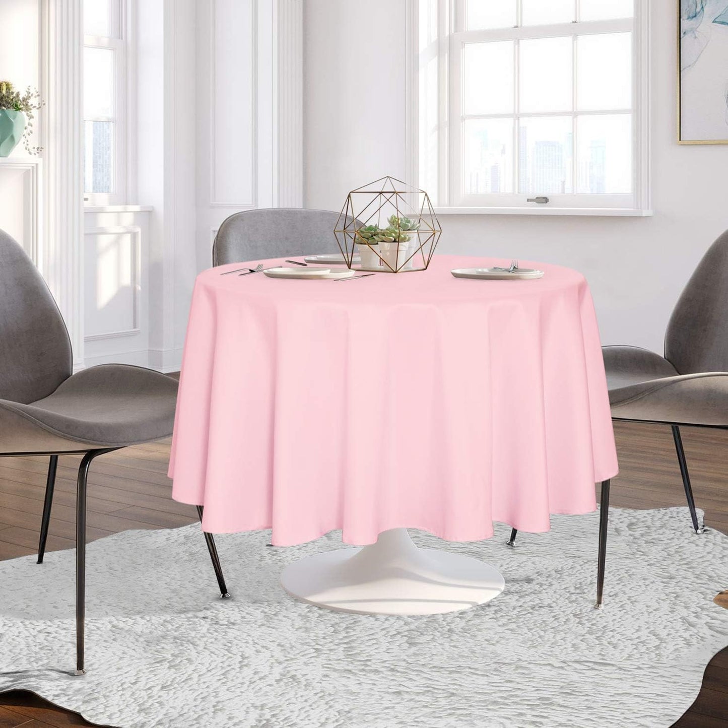 sancua Round Tablecloth - 90 Inch - Water Resistant Spill Proof Washable Polyester Table Cloth Decorative Fabric Table Cover for Dining Tables, Buffet Parties and Camping, Pink