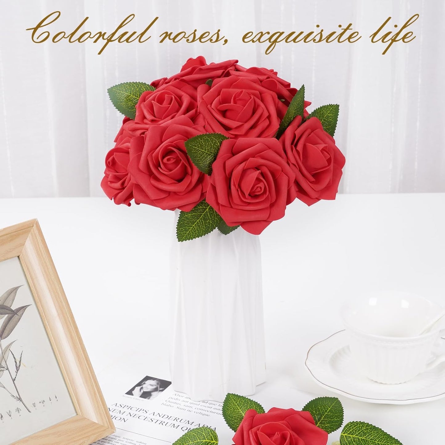 BLEUM CADE 36Pcs Artificial Flowers Fake Roses with Stems, Red Boxed Foam Roses for DIY Bouquets Centerpieces Wedding Party Arrangement Bridal Shower Decor