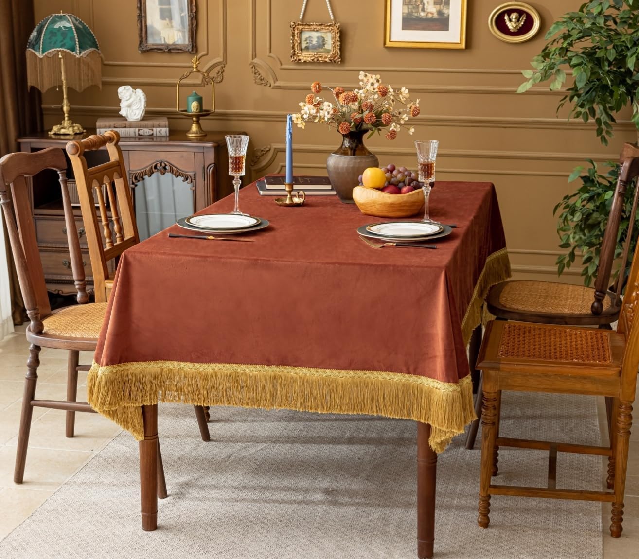 F-CHU Luxury Burnt Orange Tablecloth Thickset Velvet Tablecloth with Beautiful Gold Tassels Table Cloth for Home Decor Wedding, Party, Banquet and Events 60x70-Inch
