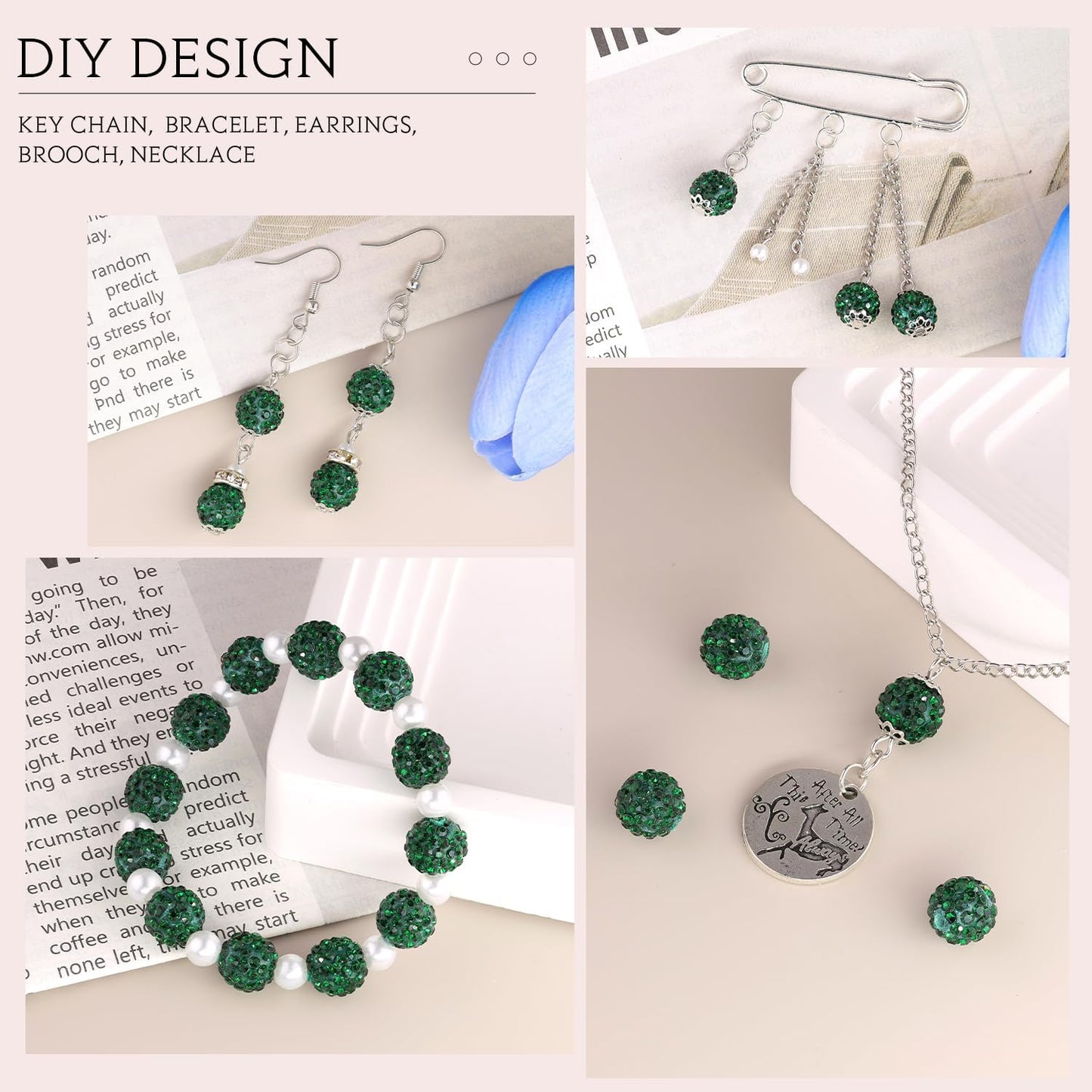 100 pcs 10mm Rhinestone Beads for Jewelry Making, Dark Green Shiny Round Shamballa Disco Beads Bulk, Sparkle Crystal Clay Christmas for Bracelet Baseball Necklace Earring Crafting and DIY