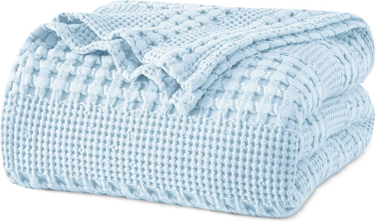 PHF 100% Cotton Waffle Weave Blanket Queen Size for Bed, Soft Lightweight & Breathable, All-Season Comfort, Luxury Aesthetic Woven Bedding for Home Decor, 90"x90", Baby Blue