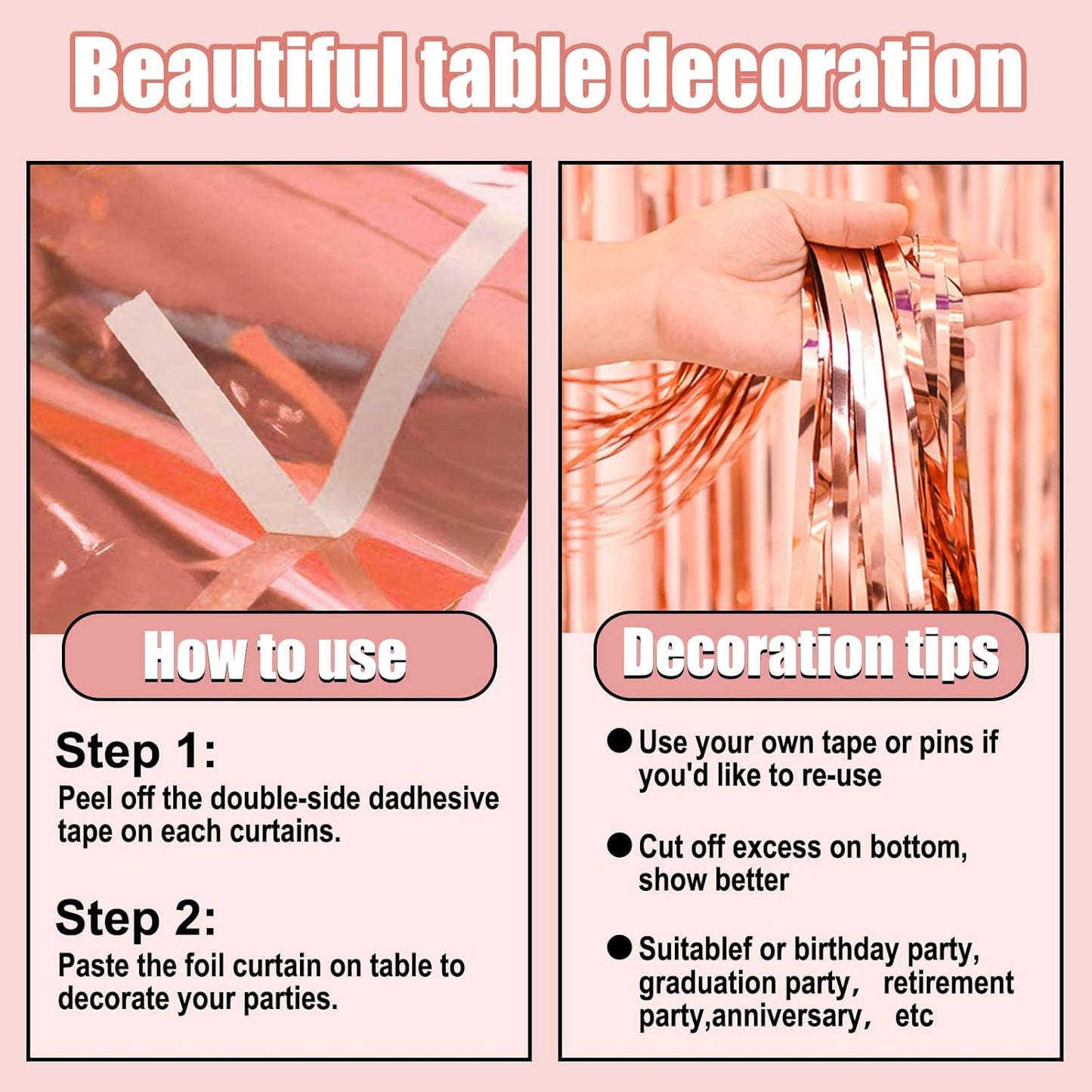 3 Pack 29 x108 Inch Rose Gold Foil Fringe Table Skirts Metallic Banner for Tinsel Streamer Garland Backdrop for Parade Floats Wedding Thanksgiving Birthday Christmas New Year Party Decoration