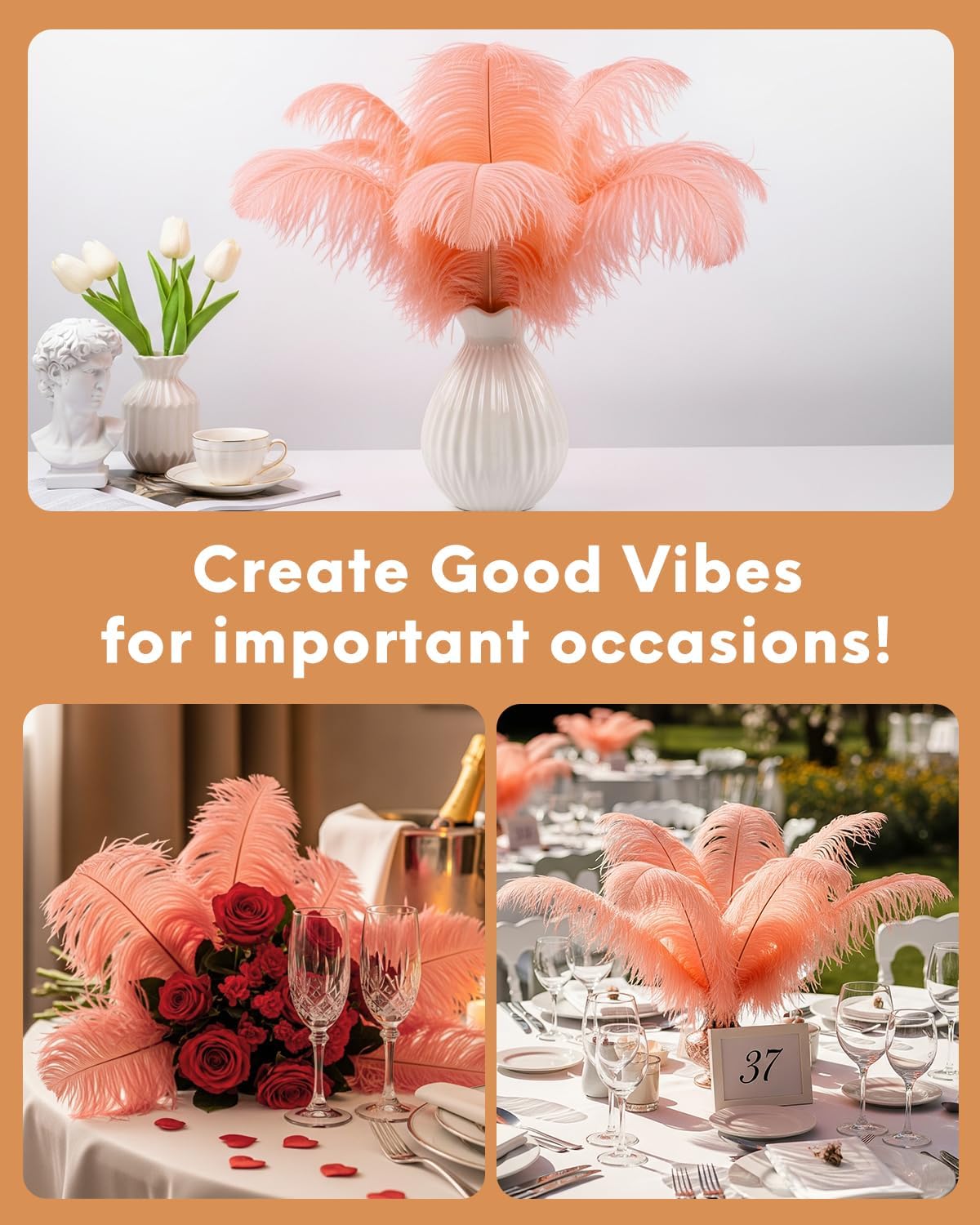 NEWONG 30pcs Rouge Pink Ostrich Feathers Natural Bulk 8-10in（20-25cm） Vase Craft Wedding Home Party Centerpieces Christmas Day Decoration