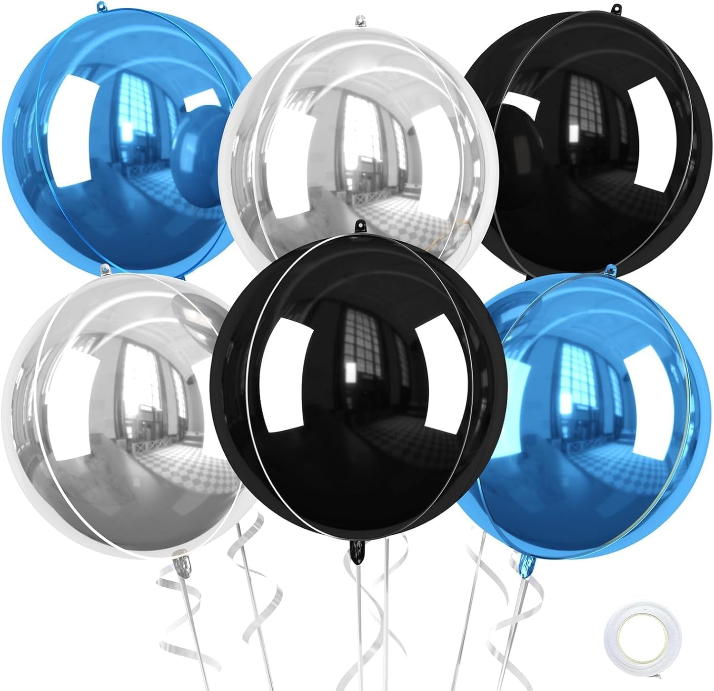 Blue and Silver Giant Foil Balloons, 6 Pcs Large Metallic Blue Silver Black Round Balloons, 22 Inch Big Round Foil Balloon for Birthday Party Baby Shower Graduation Decorations