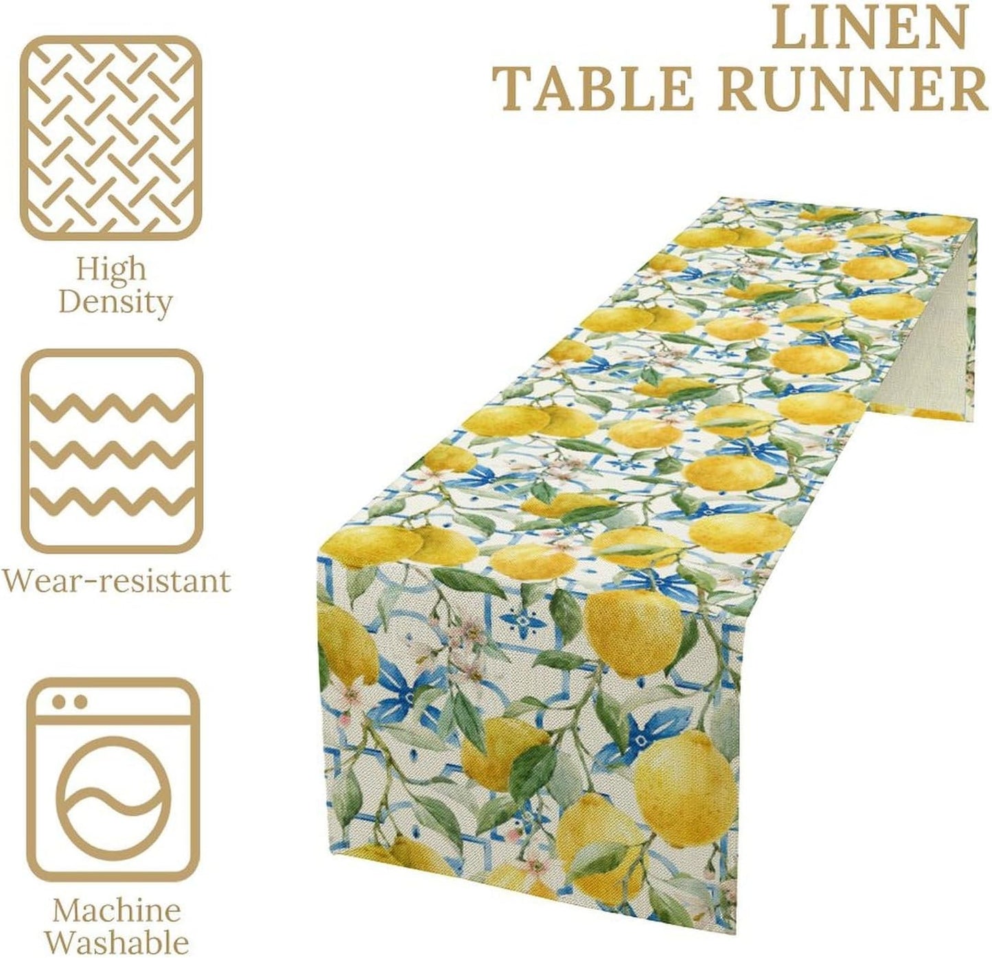 Lemon Table Runner,Watercolor Fruit Green Leaves Spring Summer Table Cloth Kitchen Dining Table Home Party Decoration 13x90 Inch