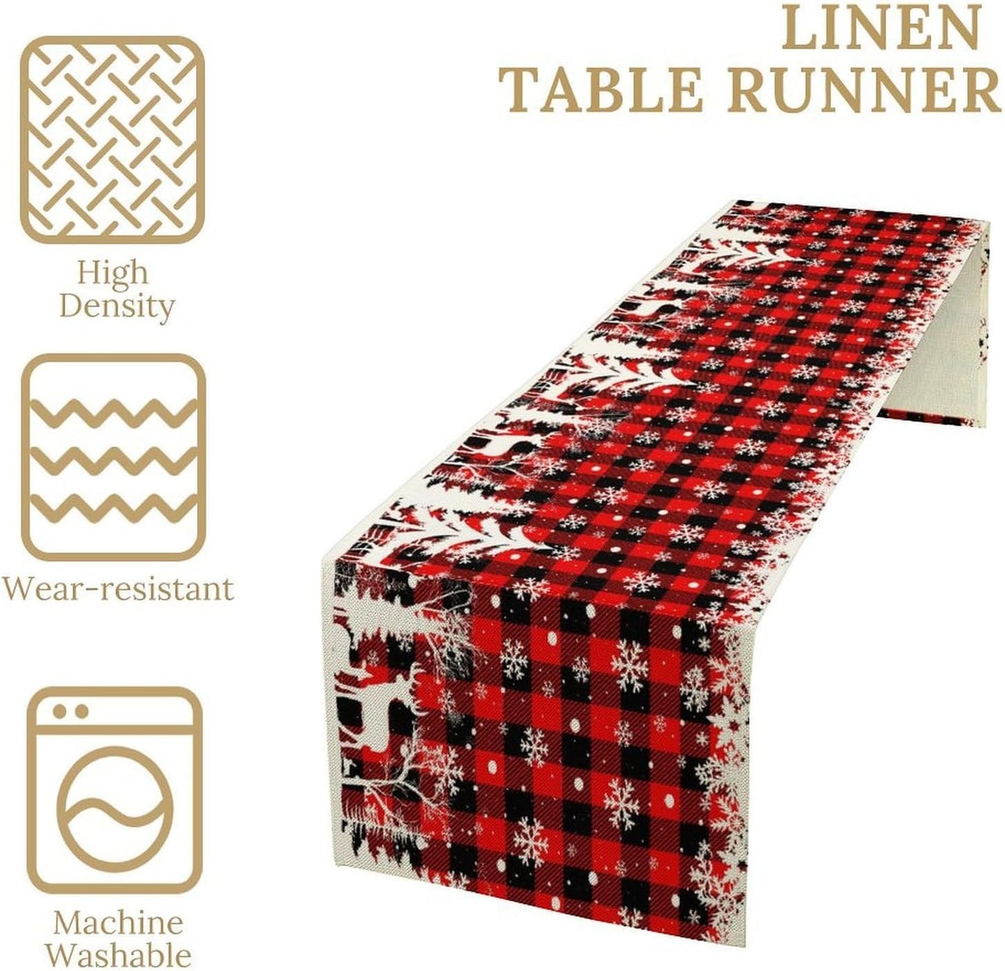 Christmas Table Runner,Red Black Plaid Xmas Snowflakes Deer Trees Print Tablecloth Burlap for Hotel Indoors Outdoor Dining Room Kitchen Home Decor,W13X L60 in