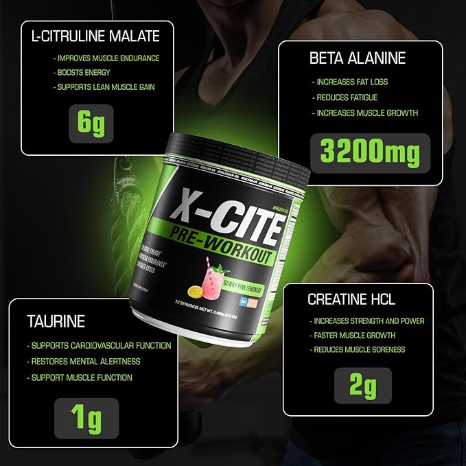 X-CITE Pre-Workout by ATHLEAN-X - Enhanced Formula with Beta-Alanine, Creatine & Caffeine for Energy, Endurance, Focus & Muscle Pump, NSF Certified for Sports (22 Servings, Sunny Pink Lemonade)