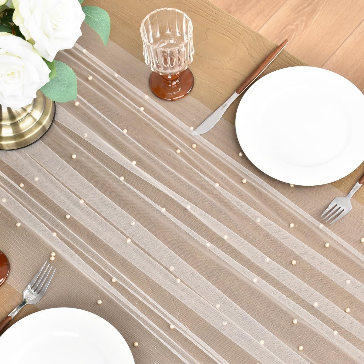 Joanlody Fall Pearl Table Runner 10ft Rustic Boho Tulle Table Runner with Pearls for Baby Shower Wedding Party Veil Dessert Thanksgiving Table Decor Champagne