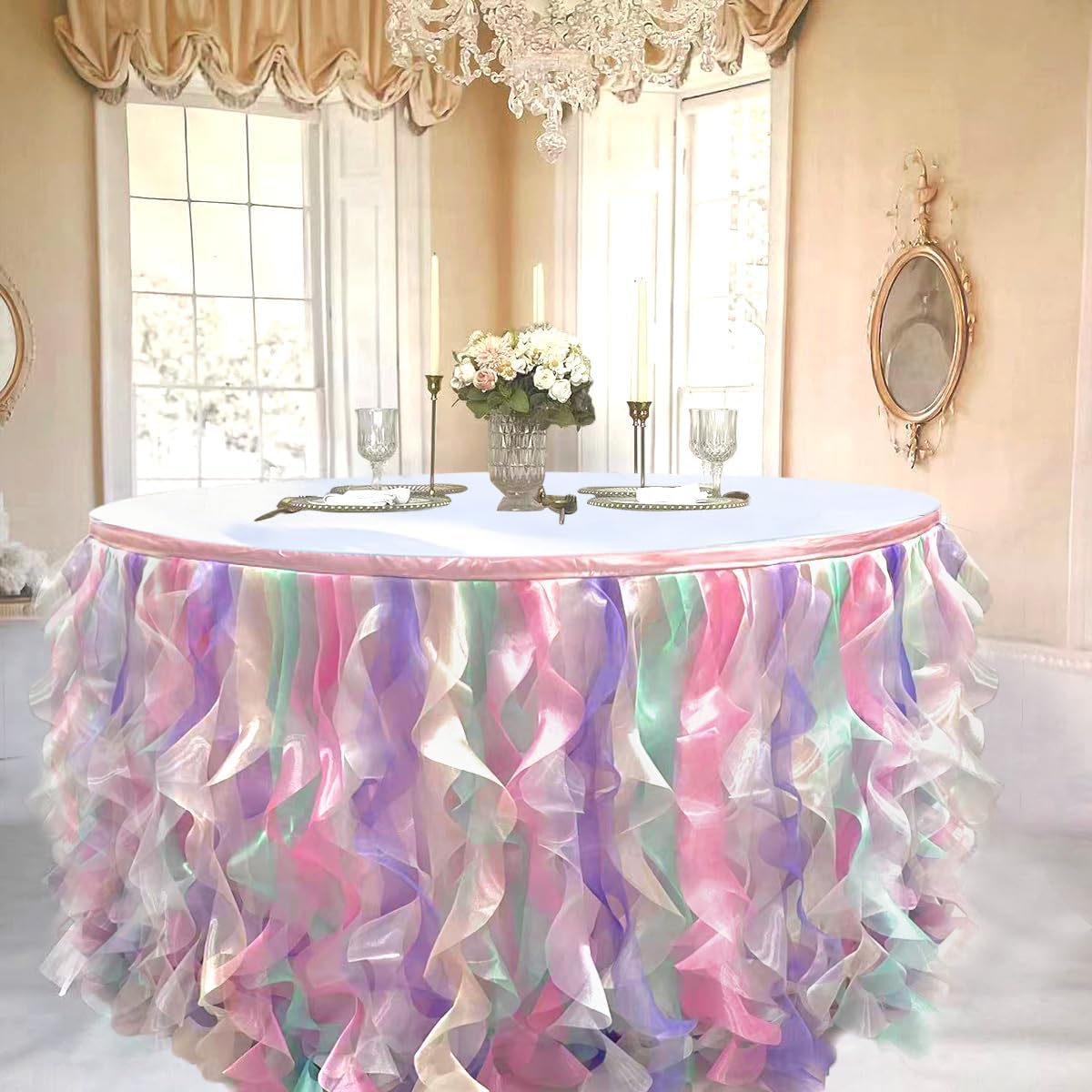 Luxury Organza Mesh Table Skirt Draping Floating Romance - Perfect for Bridal Showers, Birthday Weddings - Clear Flowing Decoration for a Wonderful Main Cake Table (Colorful-6ft, 72" L×30" H)