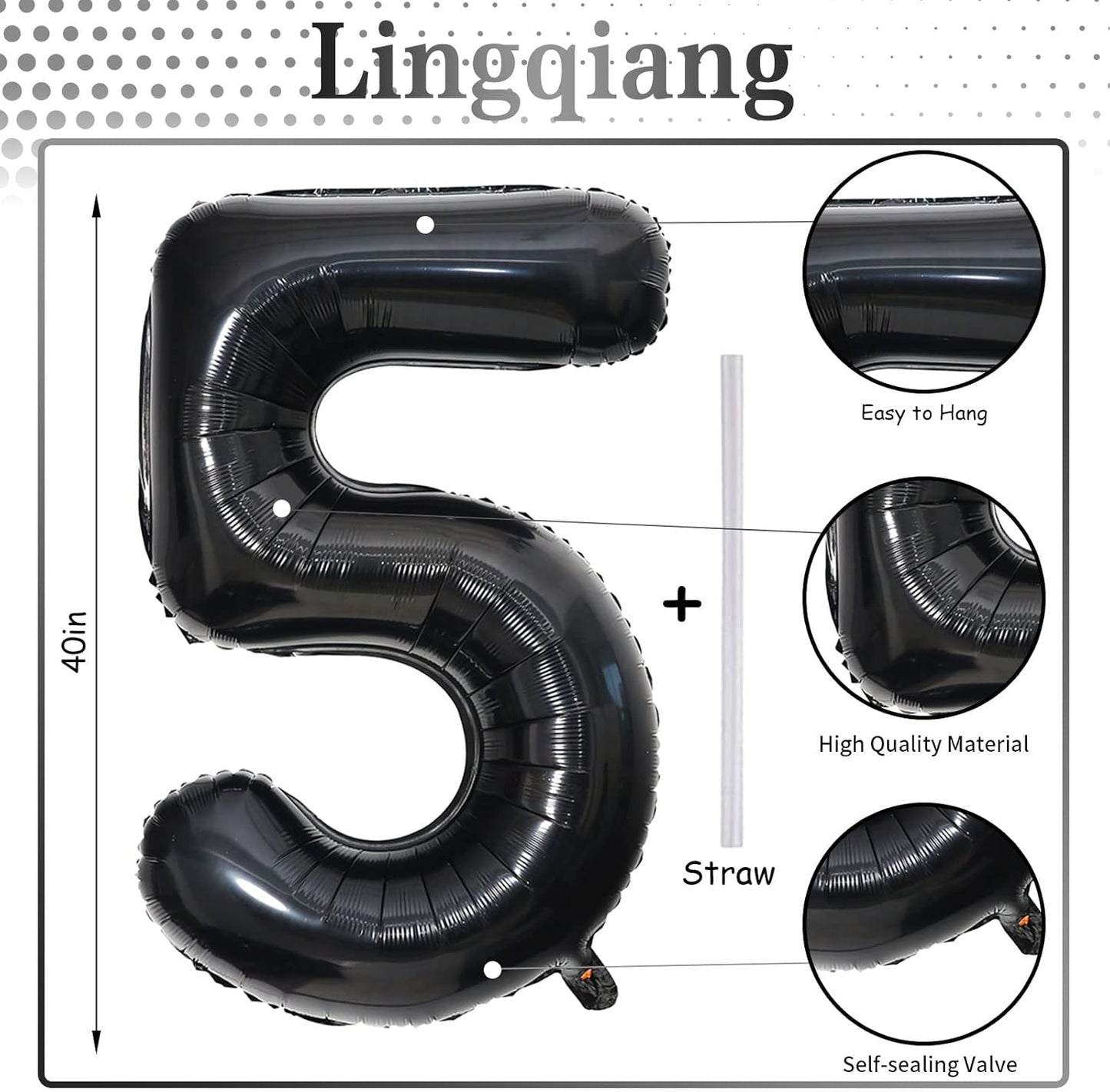 Black 5 Balloons, 40 Inch Large Foil Number Balloons Set 0-9, Self Inflating Digital 5 Helium Balloon for Boys Men Women 5th 50th Age Birthday Anniversary Party Decorations Photo Shoot Supplies