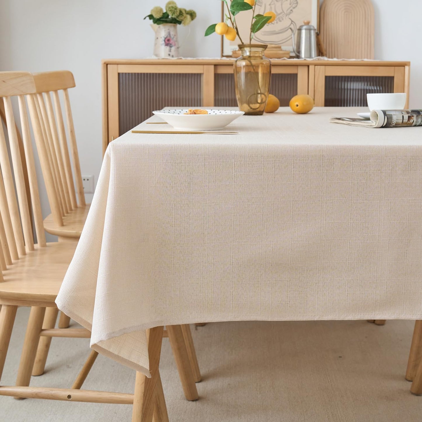 NLMUVW Linen Tablecloth for Rectangle Table 8ft - Textured Table Cloth Water Resistant Farmhouse Burlap for Kitchen Dining Café,Champagne, 54 x 102 Inch