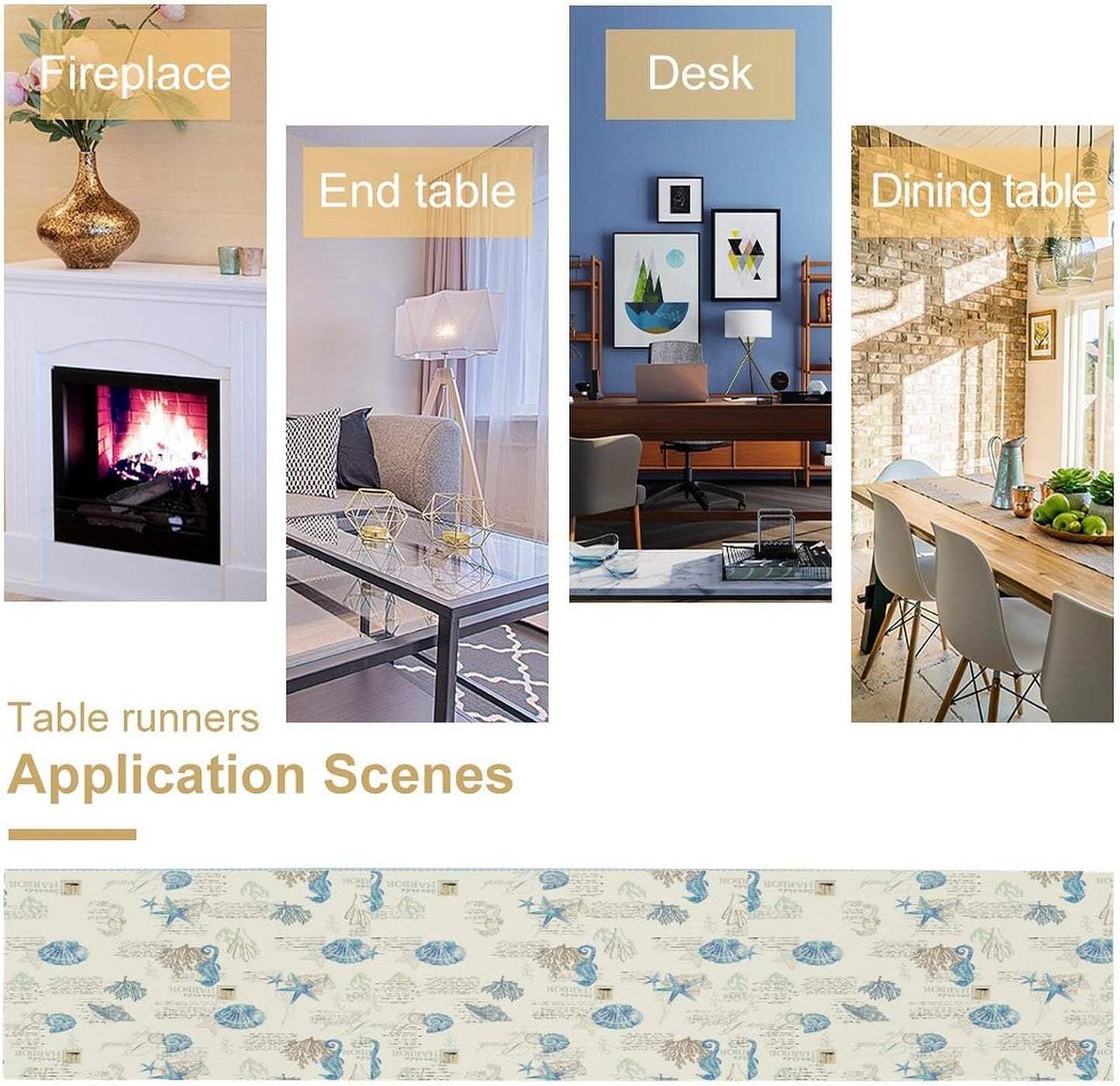 Starfish Table Runner,Vintage Nautical Seashell Tropical Beach Theme Coastal Ocean Sea Burlap for Hotel Indoors Outdoor Dining Room Kitchen Tablecloth, 13x80in