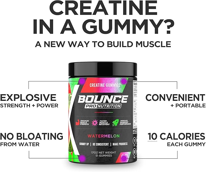 Bounce Pro Creatine Monohydrate Gummies for Men & Women, Low Calorie, 6G of Creatine per Serving, Vegan, Anti-Melting, Gluten-Free, Non-GMO, 2g of Creatine per Gummy (72ct, Watermelon)