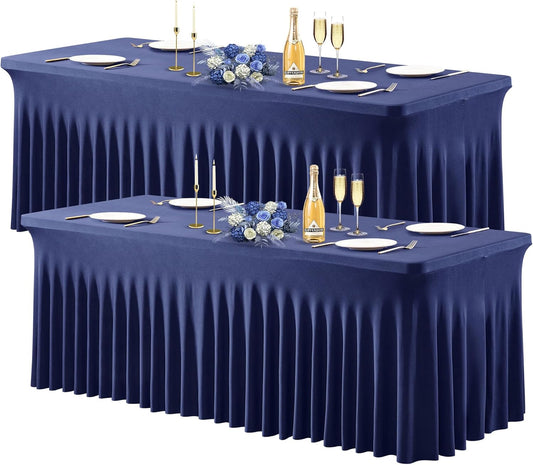 Wish Care 2 Pack Navy Blue Spandex Table Clothes for 8 Foot Rectangle Tables, 8FT Wrinkle Free Fitted Tablecloths Ruffles Design Table Cover for Party, Banquet, Wedding and Events