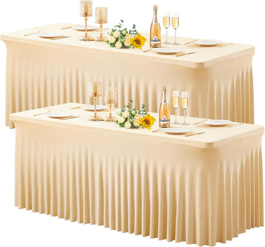 Wish Care 2 Pack Champagne Spandex Table Clothes for 4 Foot Rectangle Tables, 4FT Wrinkle Free Fitted Tablecloths Ruffles Design Table Cover for Party, Banquet, Wedding and Events