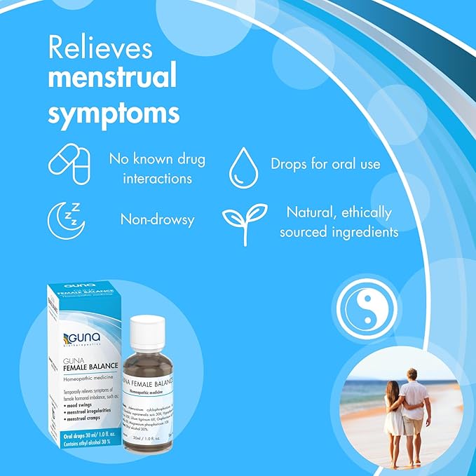 GUNA Female Balance Homeopathic Medicine Temporarily relieves Symptoms of Female hormonal imbalance, Such as Mood Swings, Menstrual Irregularities and Menstrual Cramps. 1 Ounce