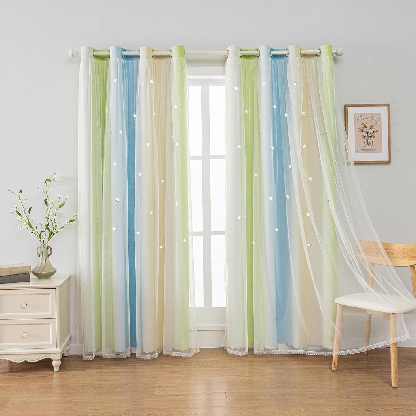 FANLI Ombre Rainbow Blackout Curtains for Kid Girls Bedroom Living Room Darking Stripe Double Layer Star Cut Out Wall Home Decor Gradient Grommet Window Curtains （Blue Green 52Wx95L）