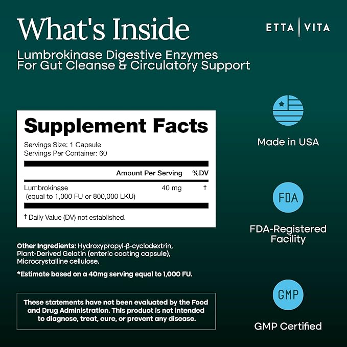 Potent Lumbrokinase Supplement 40mg/Serving (Max Activity - 800,000 Units) - Lumbrokinase Enzymes Capsules for Energy Support, Digestion, Detox, Cognition & Gut Health - Similar to Nattokinase