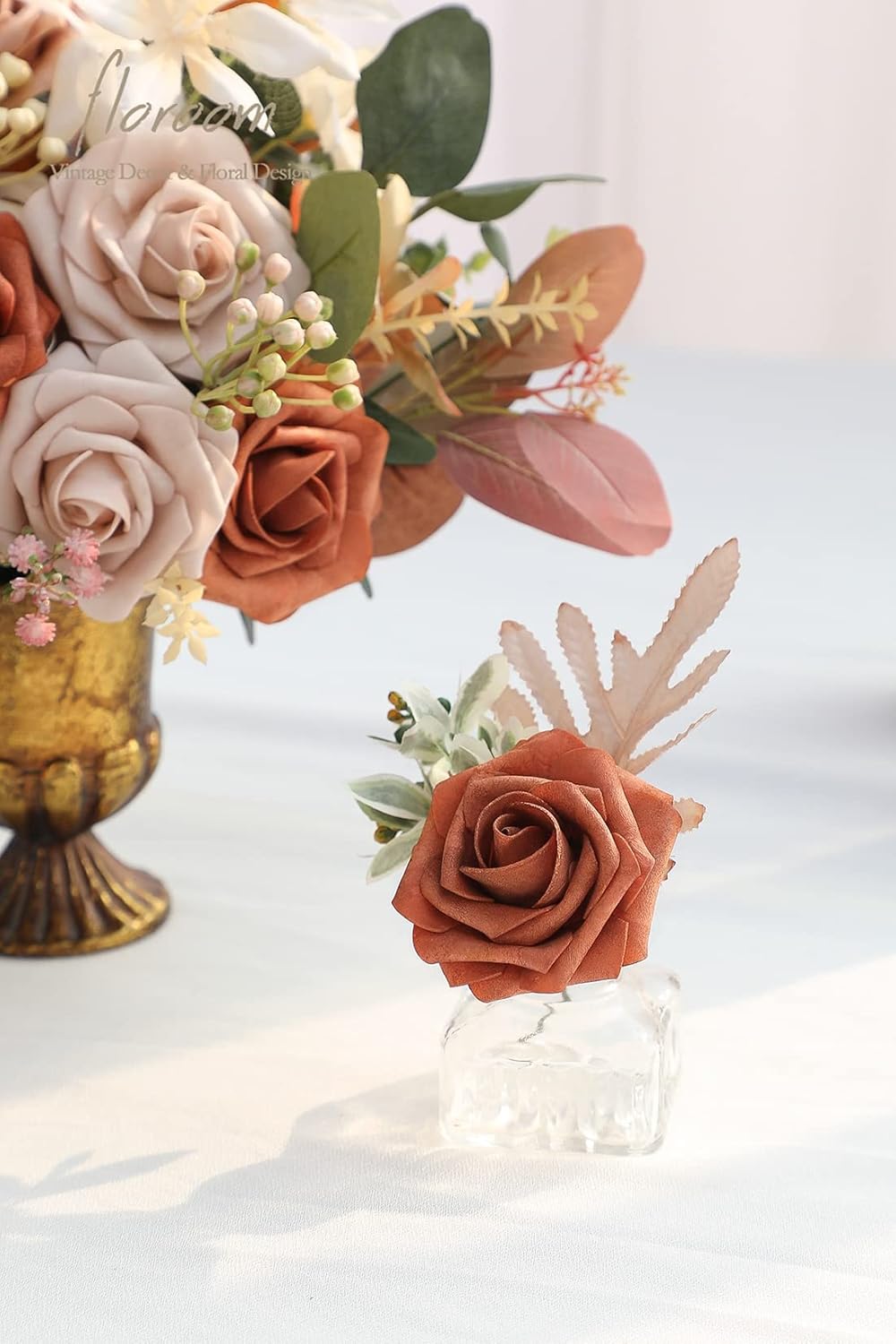 Floroom Artificial Flowers 25pcs Real Looking Burnt Orange Ombre Colors Foam Fake Roses with Stems for DIY Wedding Bouquets Bridal Shower Floral Centerpieces Party Tables Home Decorations