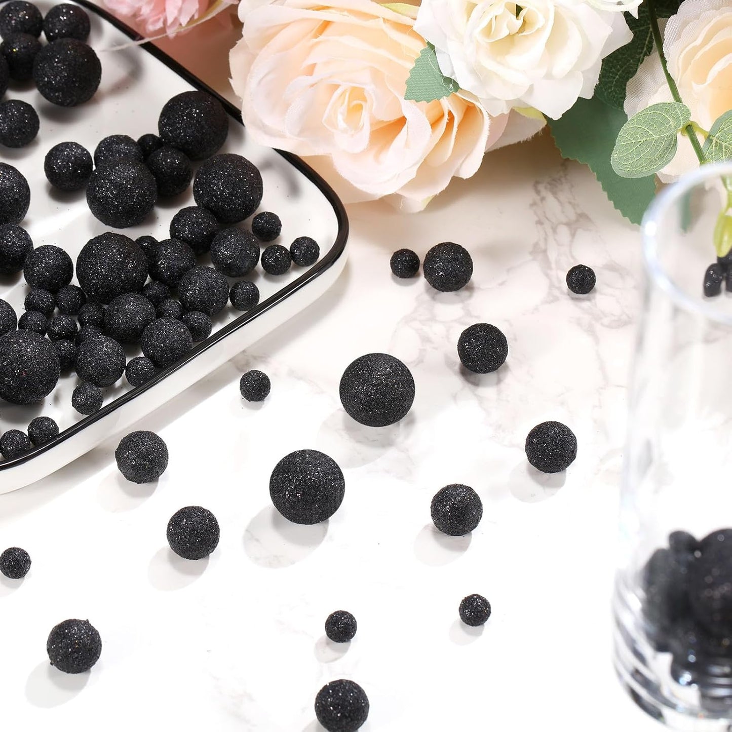 150 Pieces Vase Filler Faux Pearls Vase Makeup Beads No Hole Gloss Bead Mixed Sizes Round Pearl for Home Party Wedding Decor, 8/14/20 mm(Glitter Black)