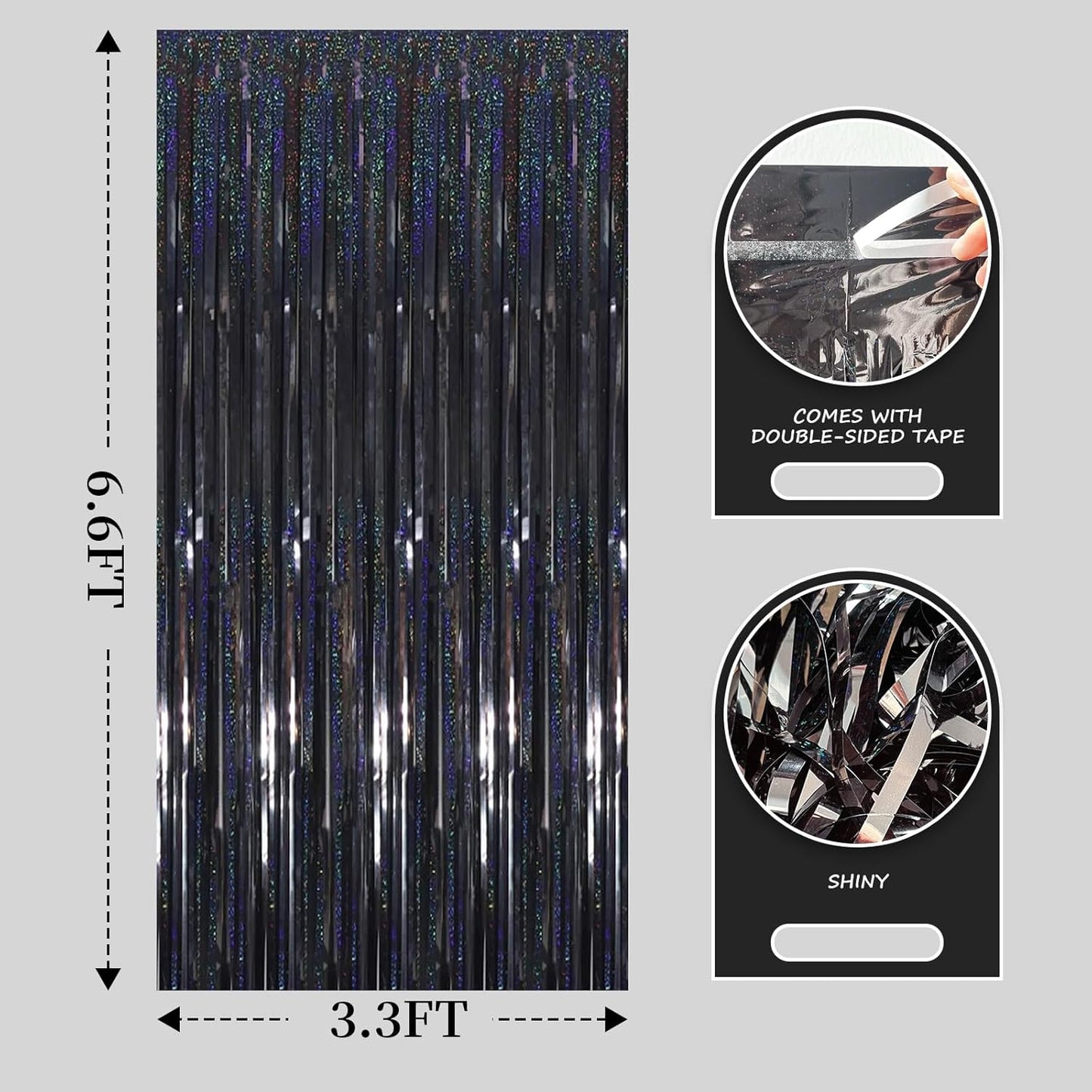 QRabbit 4 Pack Black Tinsel Foil Fringe Curtains - 3.3x6.6 Ft Metallic Party Streamers Backdrop for Birthday Wedding Christmas Party Decor, Self-Adhesive Photo Booth Wall Door Decorations