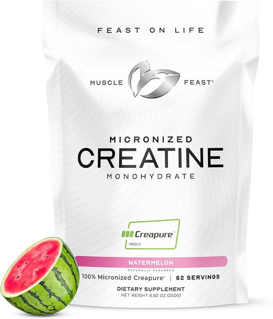 Muscle Feast Creapure - Micronized Creatine Monohydrate Powder | Premium Pre-Workout or Post-Workout | Flavored Creatine for Women & Men | Easy to Mix, Gluten-Free, Safe and Pure, (Watermelon, 250g)