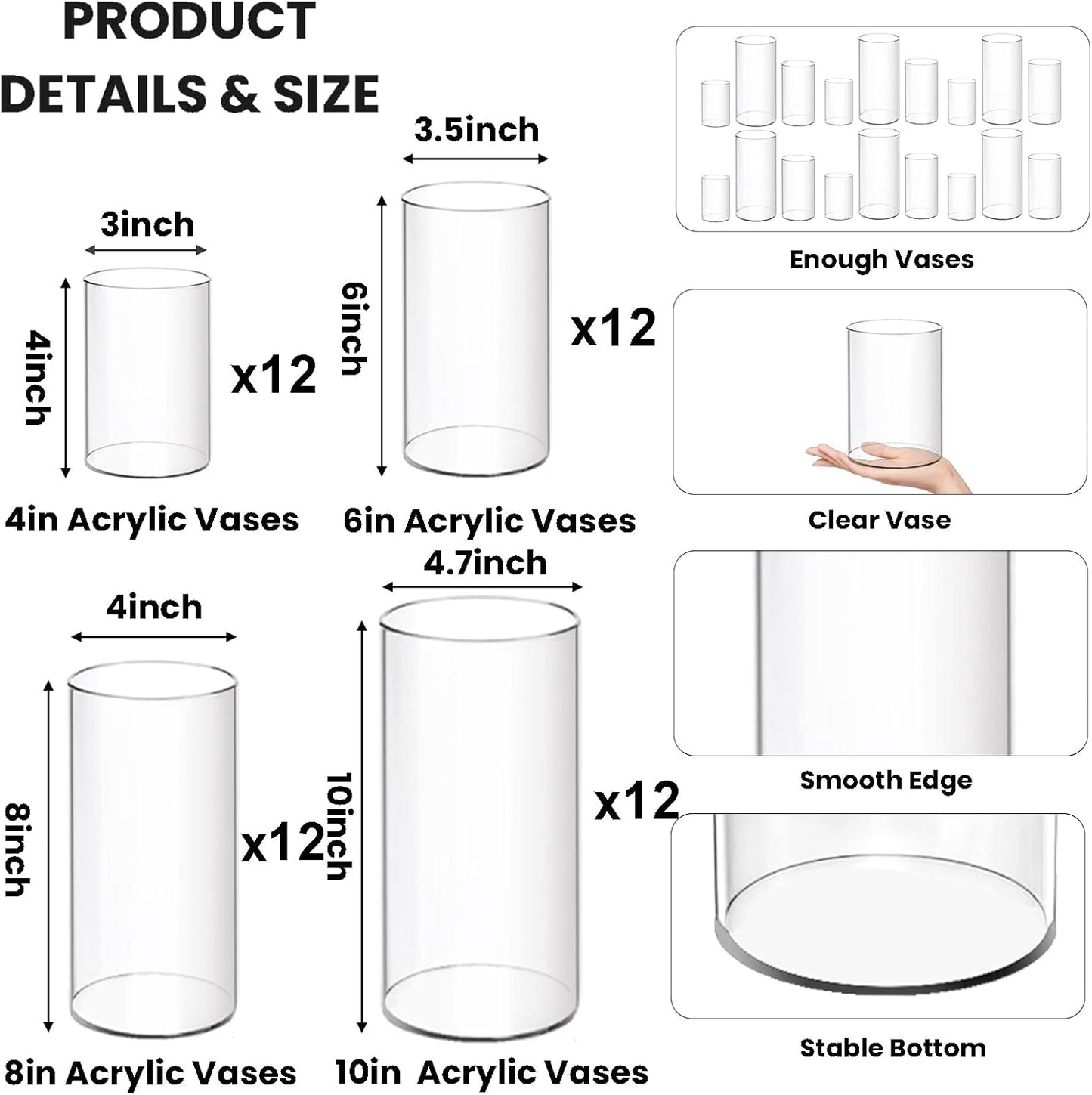 48 Pack Plastic Cylinder Vases, 4 6 8 10 Inch Tall Acrylic Cylinder Clear Flower Vase Set Bulk Glass Like Large Round Plastic Vases for Centerpiece Wedding Home Office (48)