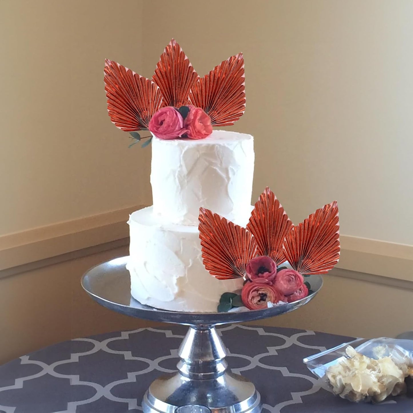 Ephlyn 6Pcs Paper Palm Leaves Fan Cake Toppers Palm Leaf Fan Cake Picks Craft DIY Fan Palm Spear Leaves Cake Decorations for Wedding Birthday Party Supplies Bright Rose Gold