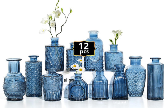 Mini Bud Vases As Wedding Centerpieces for Tables,Clear Bud Vases for Flowers,Small Flower Vases Suitable for Birthday Party,Anniversary,Wedding Reception,Baby Shower (Blue, 12PCS)