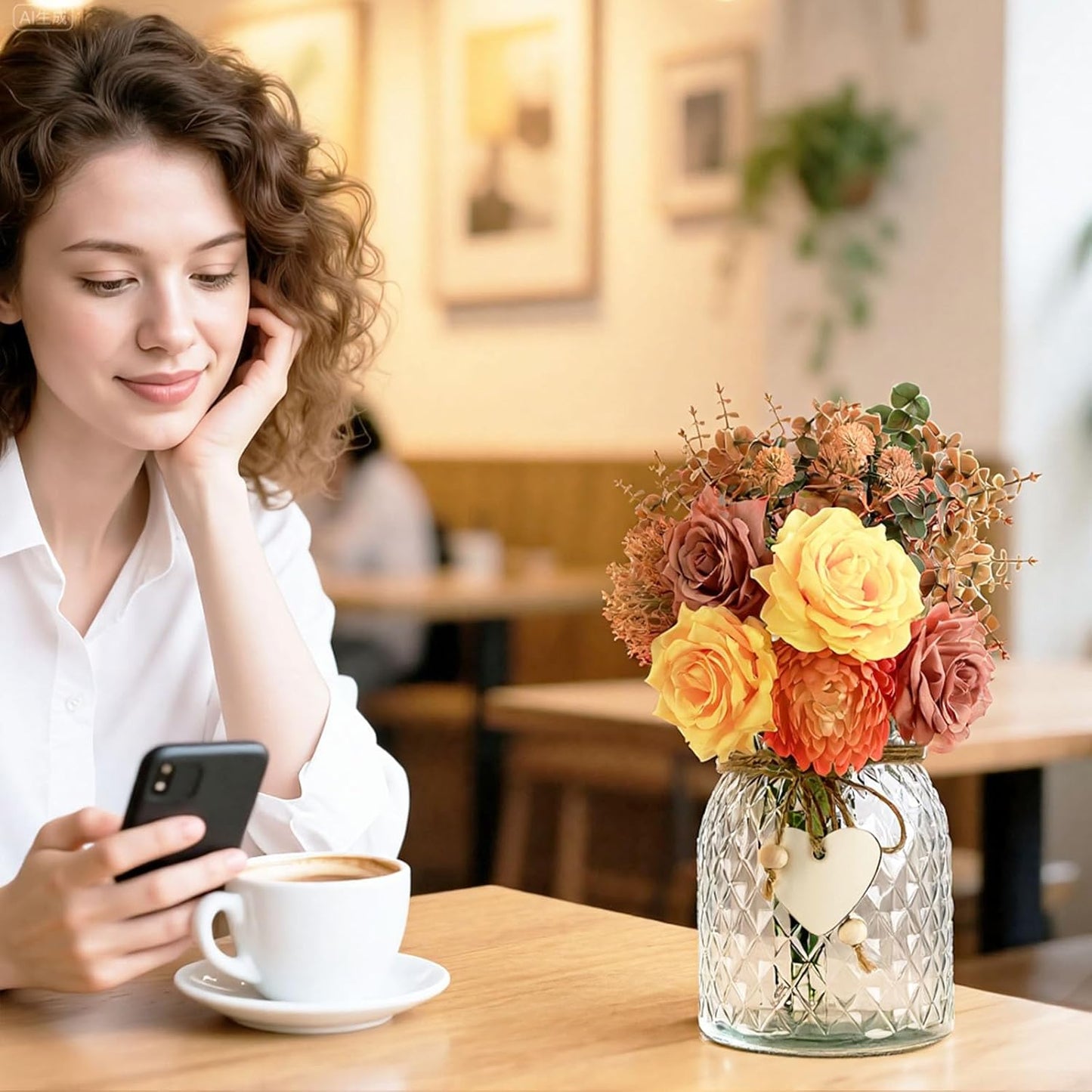 Artificial Fall Flowers in Vase, Yellow Silk Rose with Eucalyptus, Faux Plant Floral Centerpiece for Home Office Dining Table Decor, Fake Hanksgiving Wedding Living Room Farmhouse Autumn Decorations