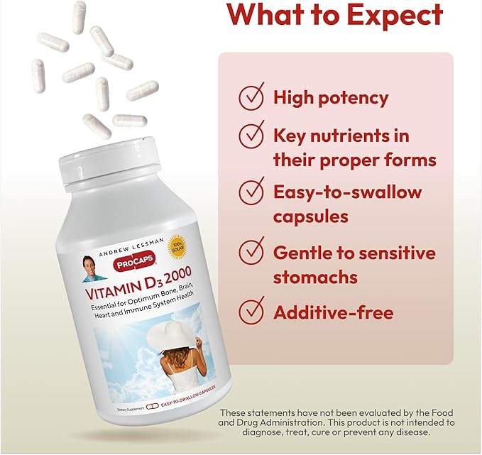 ANDREW LESSMAN Vitamin D3 2000 IU 180 Capsules - High Potency, Essential for Calcium Absorption, Supports Bone Health, Healthy Muscle Function, Immune System, More. Small Easy to Swallow Capsules
