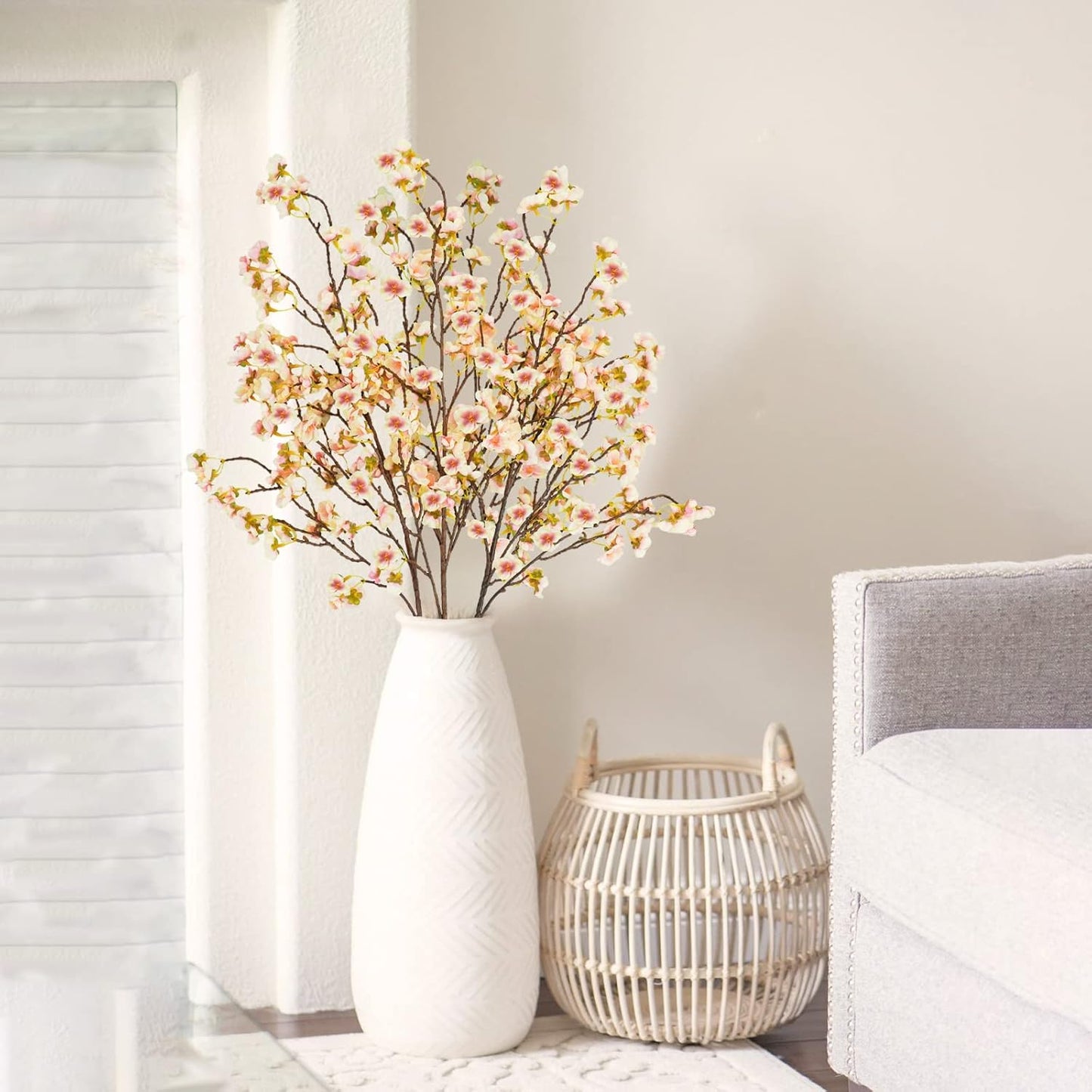 Uieke 3PCS Silk Cherry Blossom Branches, 40.5in Artificial Cherry Blossom Flowers Long Stems Fake Flowers Arrangements for Tall Vase Wedding Home Japanese Decor, Yellow Pink