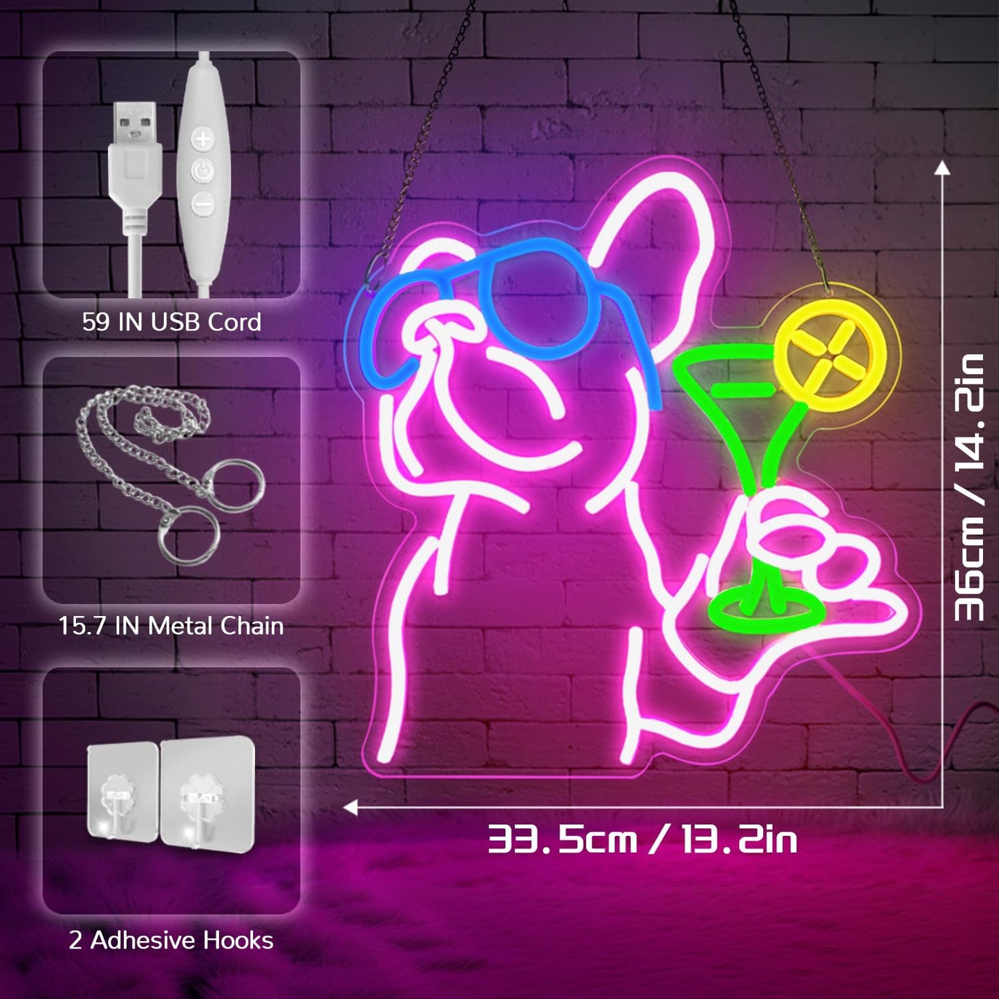 French Bulldog Drinking Cocktail Neon Sign,Bulldog Cocktail Bar Led Neon Signs for Wall Decor,Funny Dog Neon Light Up Sign,Neon Bar Signs for Bedroom Man Cave Party,French Bulldog Gifts