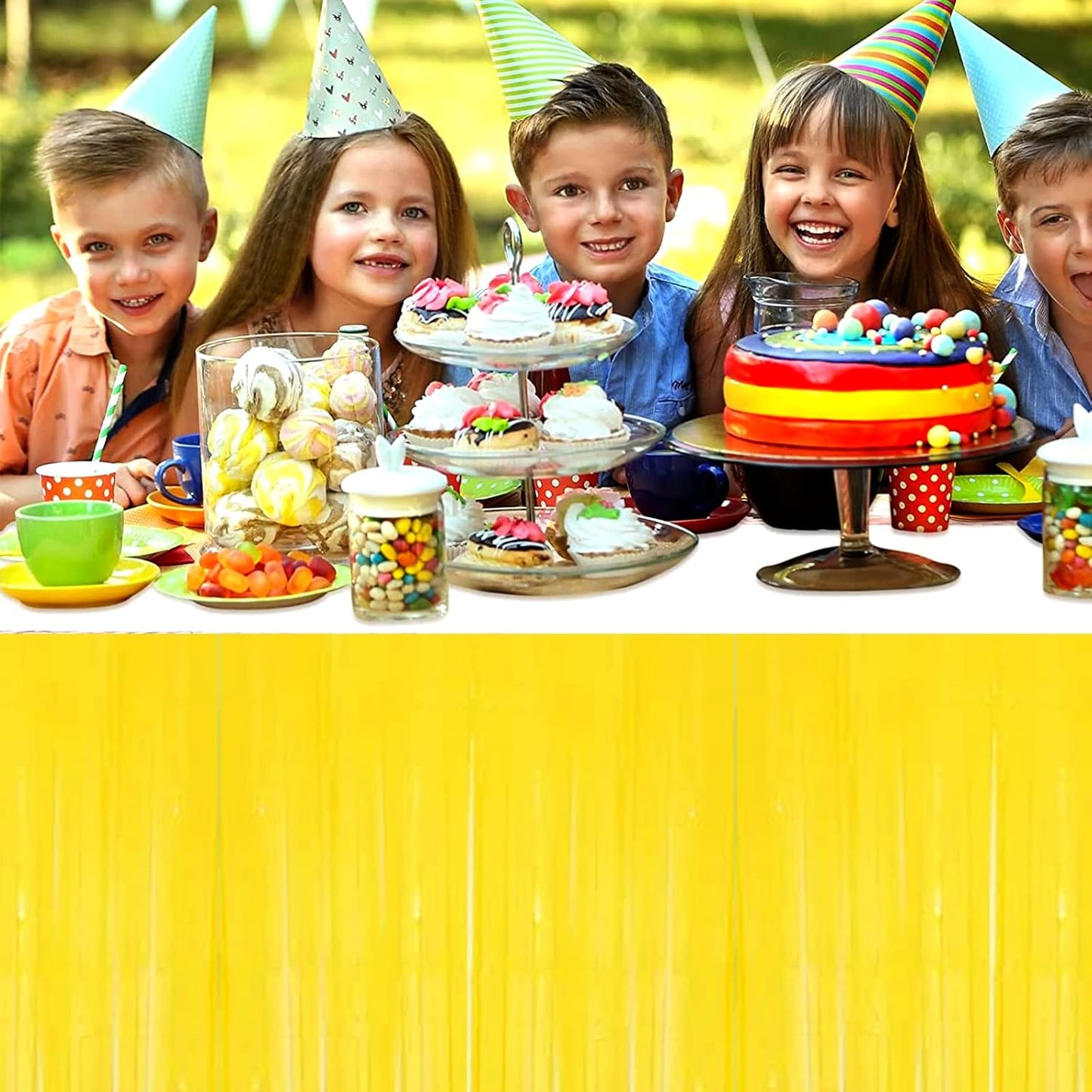 4 Pack 29x108 Inch Metallic Foil Fringe Tinsel Table Skirts for Rectangle Tables Streamer Backdrop for Wedding, Birthday, Parade Floats, Christmas, Halloween Party Decoration(New Yellow)