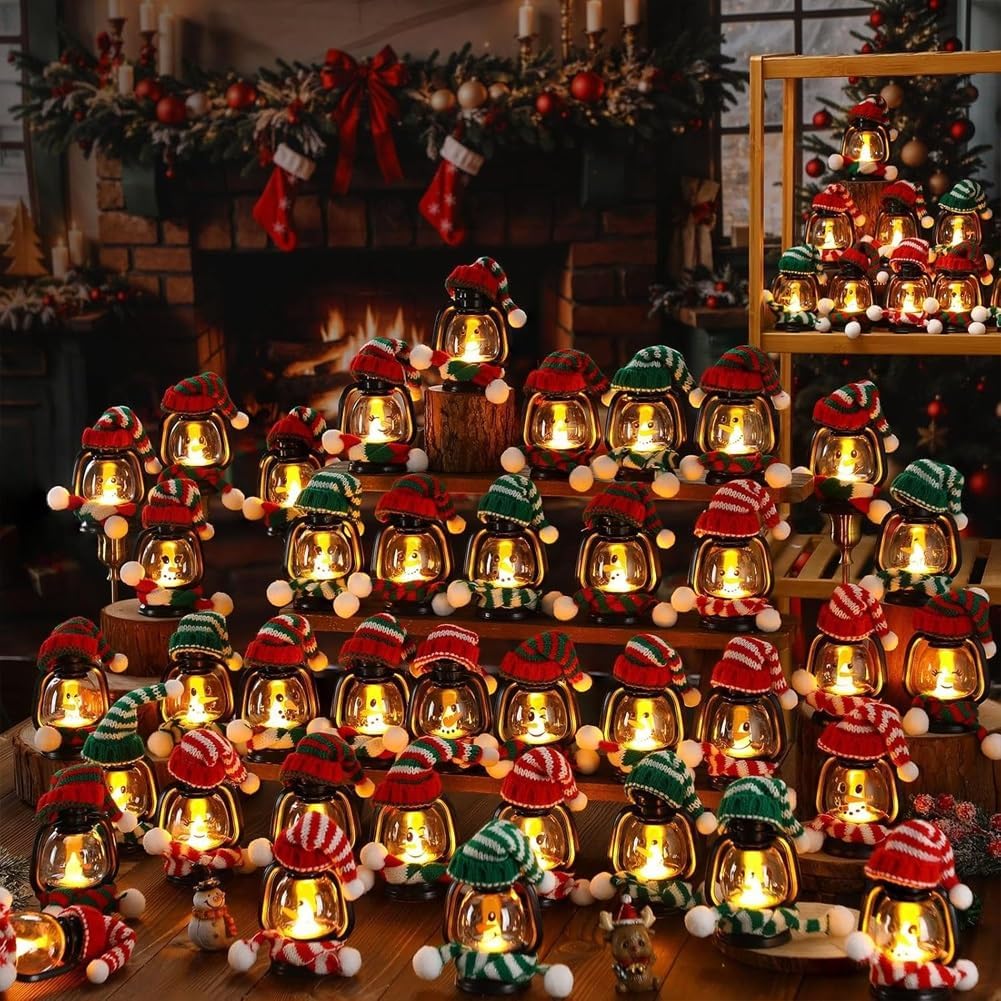 Mini Snowman Lantern with Hats and Scarves, Mini Candle Christmas Snowman Lanterns Decoration, Small Winter Portable Tabletop Centerpiece for Holiday Party Favor(6pcs)