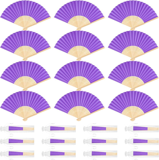 12 Pieces Purple Hand Held Bamboo Folding Fans Paper Fans Handheld for Women Foldable Girls Wedding DIY Decoration Church Home Party Favors Summer
