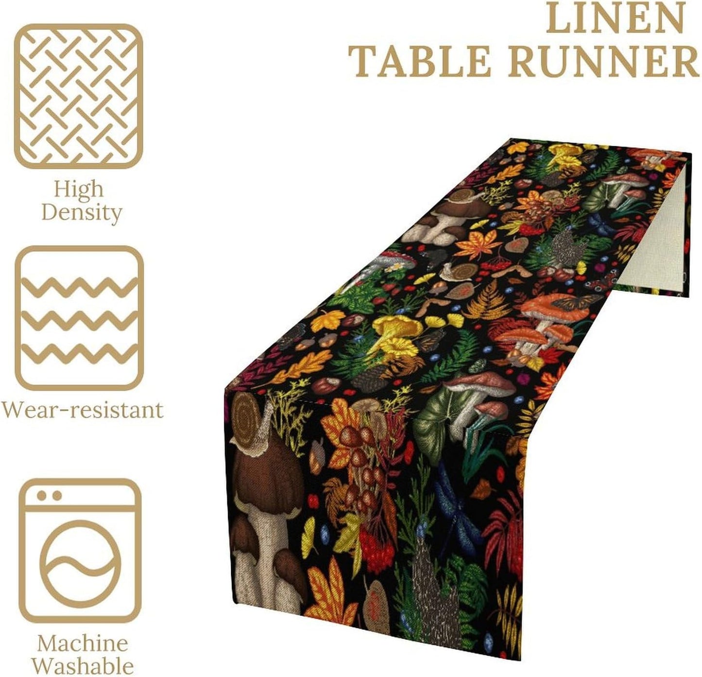 Nature Mushroom Table Runner,Retro Boho Floral Botanical Plant Forest Pattern Print Tablecloth Burlap for Hotel Indoors Outdoor Dining Room Kitchen Holiday Party, 13x90in
