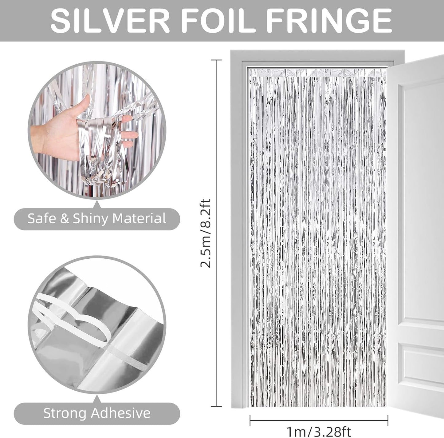 Silver Fringe Curtain Party Streamers, 12 Pack 3.3ft x 8.2ft Foil Curtain Backdrop Tinsel Foil Fringe Curtains Photo Booth Backdrop Streamer for Birthday, Wedding, Baby Shower, Disco Party