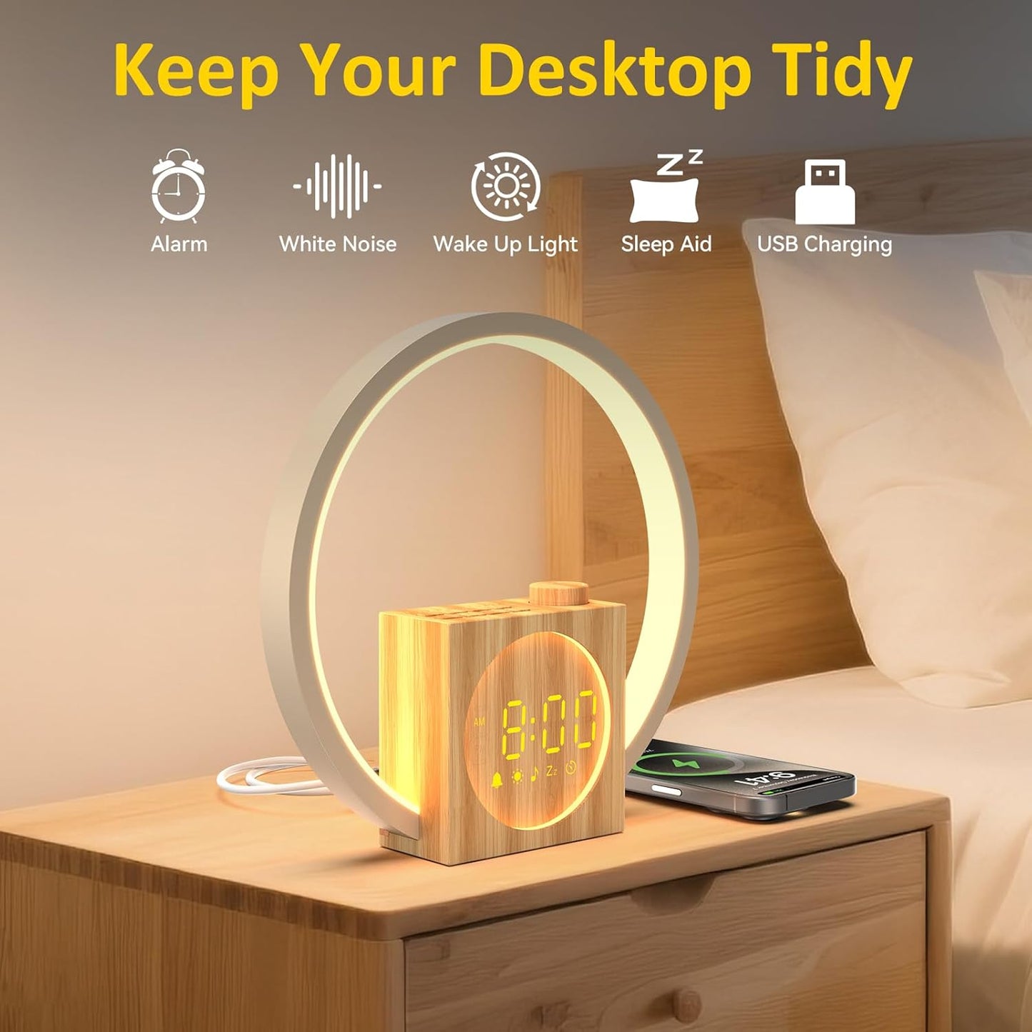 Rohent Sunrise Alarm Clock for Women: White Noise Machine 12 Light Colors, 30 Sleep Sounds, 10 Soft Wake-Up Sounds - Sunrise Lamp with Touch Control for Bedrooms, Yoga, Meditation & Relaxation