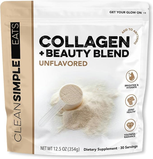 Clean Simple Eats Collagen Powder + Beauty Blend, Unflavored, 11G Hydrolyzed Collagen Peptides from Grass Fed Bovine & Chicken, Hyaluronic Acid for Hair, Skin, Nail & Joint Support, 30 Servings