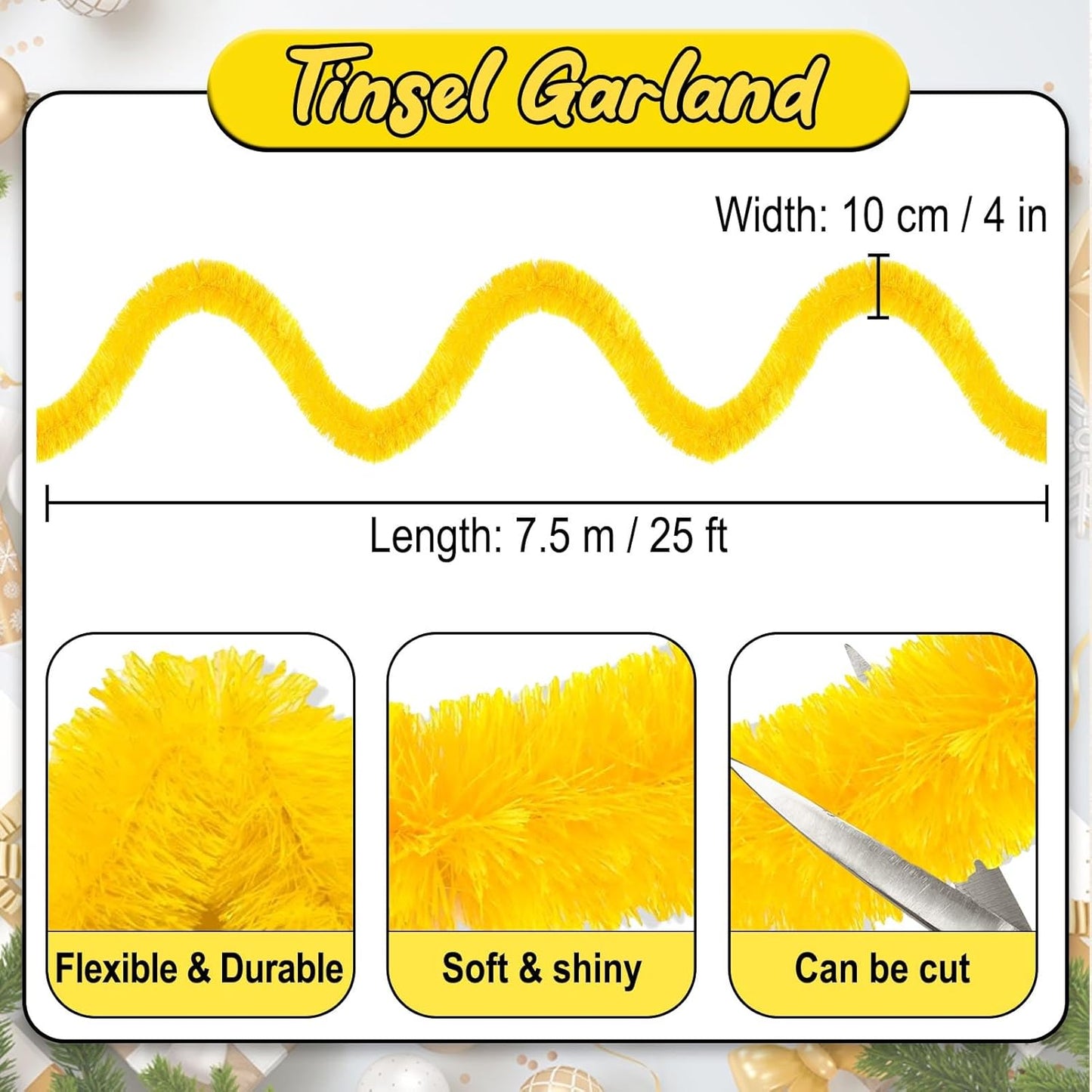 25 Feet Macaron Yellow Christmas Tinsel Garland, Metallic Foil Twist Banner Wall Hanging Tinsel Streamers Backdrop for Parade Floats, Christmas, Mother's Day, Birthday Party Decorations(4in x 25ft)