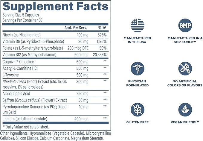Revive MD Brain Supplements for Memory & Focus, Brain Plus - Stimulant Free Nootropic Supplement for Cognitive Health with Niacin, Vitamin B6 & B12, Acetyl-L-Carnitine HCL & Alpha-GPC- 150 Capsules